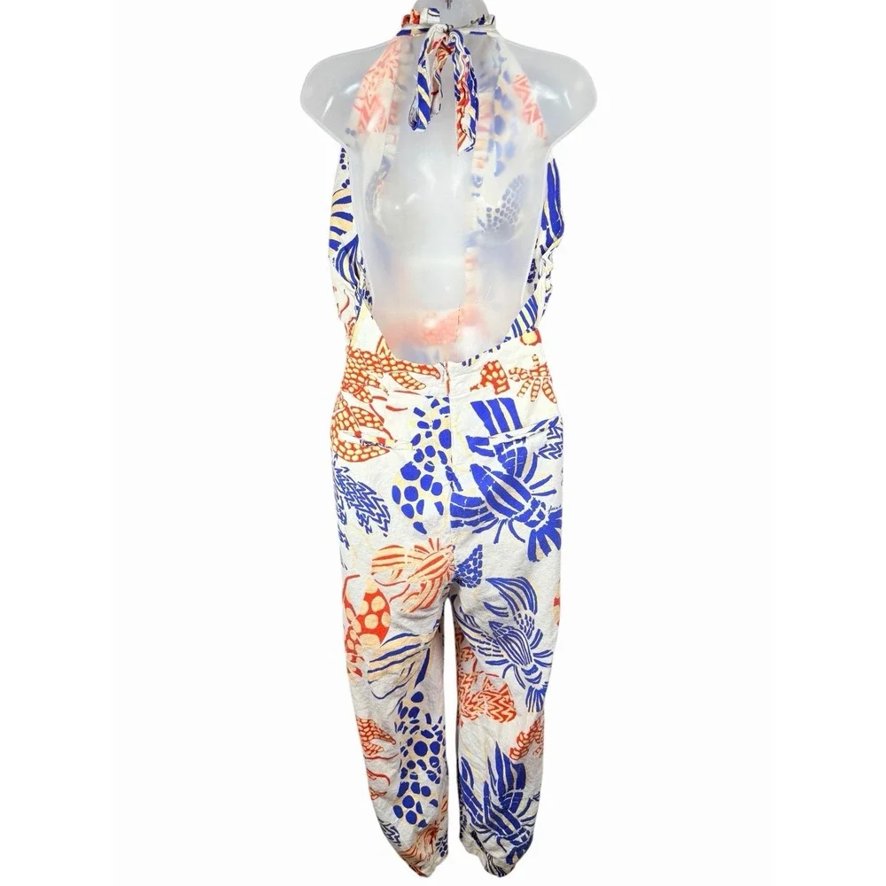 Farm Rio Mixed Lobsters Jumpsuit Womens L Halter Open Back Tropical Linen - Picture 2 of 16